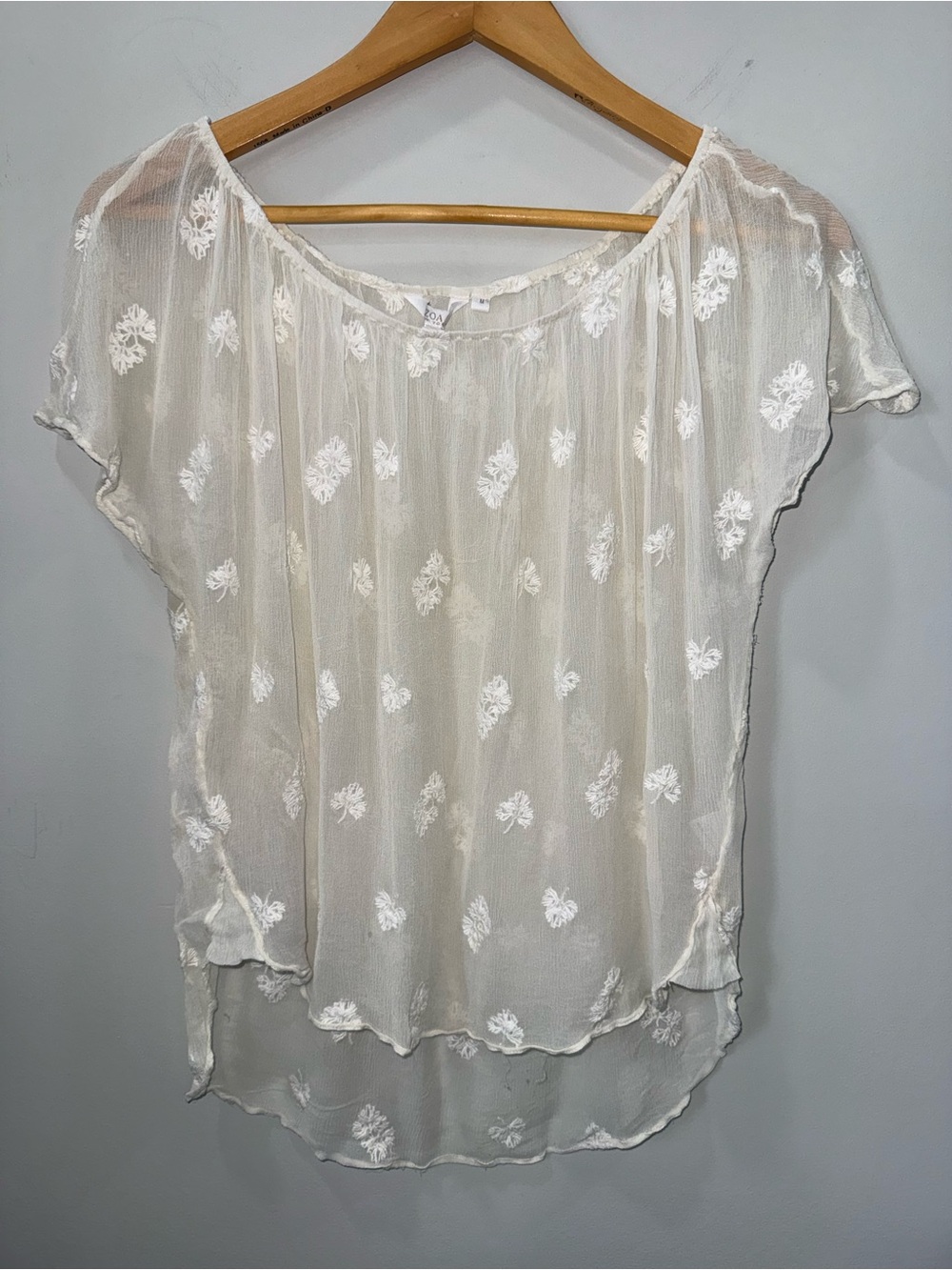 ZOA Sheer Embroidered Silk Blouse Short Sleeve Floral Embroidered Top !